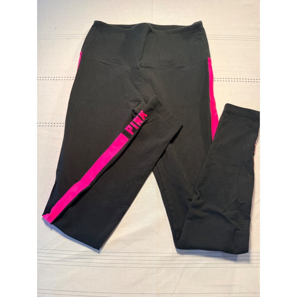 Victoria's Secret PINK Black Neon Pink Side Stripe High Waist Leggings Medium